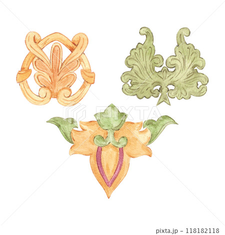 Hand drawn watercolor Russian traditional ornament isolated on white background. Illustration can be used for postcard, fabric, scrapbook and other printed products. 118182118