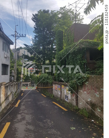 a view through tram window of the country side 118182459