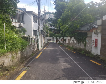 a view through tram window of the country side 118182460
