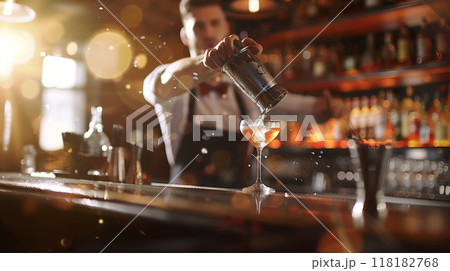Bartender making cocktail with dynamic lighting 118182768