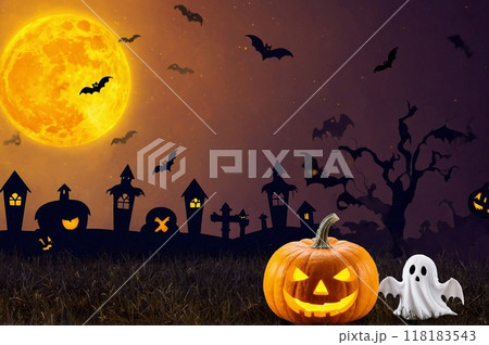ハロウィンのカボチャとおばけと月と墓 118183543