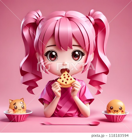 Cute cartoon girl with pink hair and two desserts. 118183594