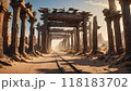 Desert train tracks under ancient wooden arches at dusk 118183702