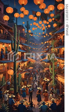 Festive street with lanterns and cacti at night 118183705