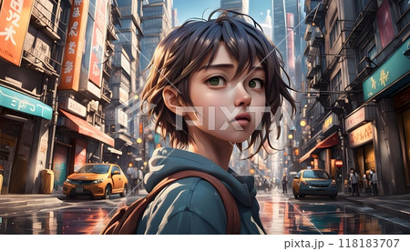Young girl with short hair in urban street with taxis. Young girl with short hair in urban street with taxis. 118183707