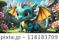 Cute cartoon dragon with colorful wings in floral setting 118183709