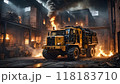 Industrial vehicle in burning factory with flames and smoke 118183710