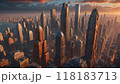 Dramatic cityscape at sunset with tall skyscrapers rising. 118183713