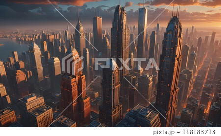 Dramatic cityscape at sunset with tall skyscrapers rising. 118183713