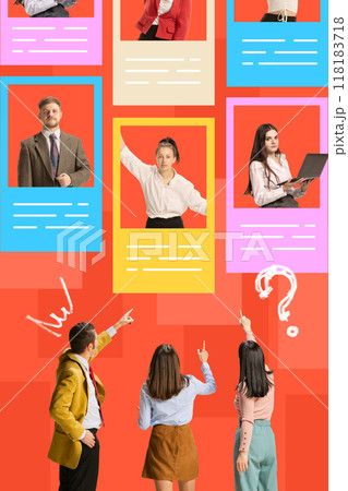 Contemporary art collage. HR concept with colorful frames showcasing top candidates, ready to make mark in workplace. Contemporary art collage. HR concept with colorful frames showcasing top candidates, ready to make mark in workplace. 118183718
