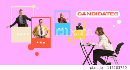 Contemporary art collage. Vibrant display of candidates, presenting skills and readiness to join team, with evaluations marked for easier hiring decisions. Contemporary art collage. Vibrant display of candidates, presenting skills and readiness to join team, with evaluations marked for easier hiring decisions. 118183720