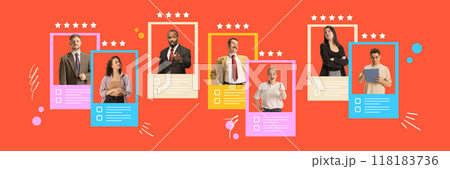Contemporary art collage. Vibrant layout featuring professionals, illustrating importance of selecting right fit for your team. 118183736