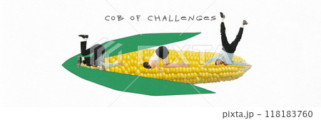 Poster. Contemporary art collage. Cob of Challenges. People tumble on giant corn cob, metaphorically juggling life's challenges. Each kernel obstacle to overcome. 118183760