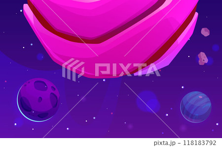 Cartoon space game landscape, planets in cosmic space with satellites, falling meteor asteroids, vector fantasy universe Cartoon space game landscape, planets in cosmic space with satellites, falling meteor asteroids, vector fantasy universe 118183792