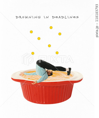 Poster. Contemporary art collage. Drowning in Deadlines. Man bending backward, submerged in oversized cup, struggling to manage overwhelming deadlines. Poster. Contemporary art collage. Drowning in Deadlines. Man bending backward, submerged in oversized cup, struggling to manage overwhelming deadlines. 118183793