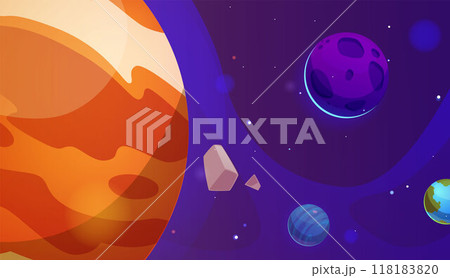 Cartoon space game landscape, Mars, Moon and Earth planets in cosmic space, stars asteroid, vector universe background Cartoon space game landscape, Mars, Moon and Earth planets in cosmic space, stars asteroid, vector universe background 118183820