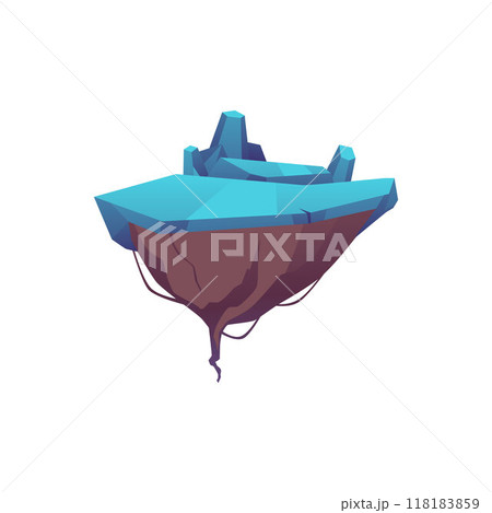 Level platform with blue surface, game island land with ice cover and cliffs floating, vector fantasy winter rock stage 118183859