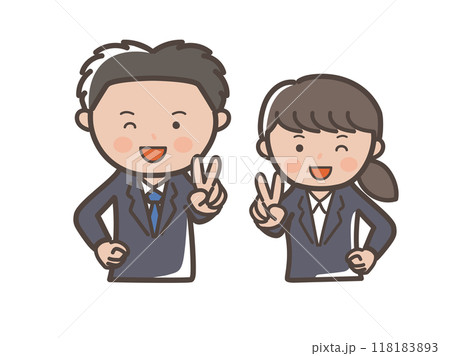 笑顔でピースをするリクルートスーツ風の若い男女ビジネスマンの上半身イラスト 笑顔でピースをするリクルートスーツ風の若い男女ビジネスマンの上半身イラスト 118183893