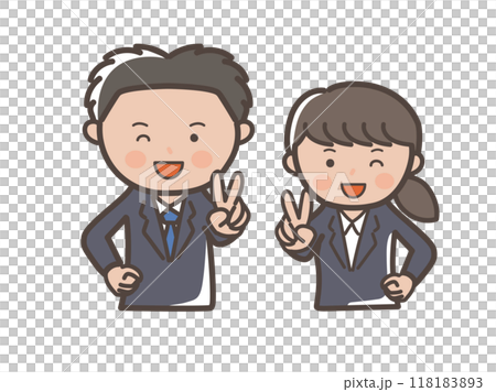 Illustration of the upper body of a young male and female businessman in a recruitment suit making a peace sign with a smile 118183893