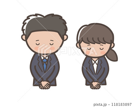 頭を下げて謝るリクルートスーツ風の若い男女ビジネスマンの上半身イラスト 118183897
