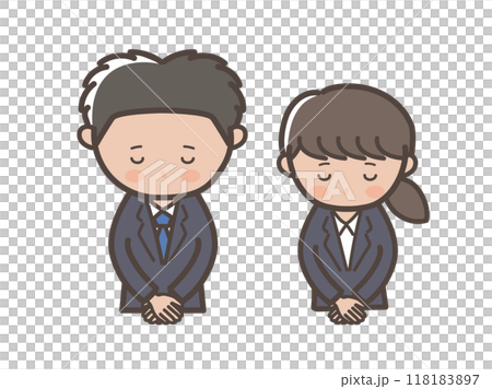Upper body illustration of young male and female businessmen in recruitment suits bowing and apologizing 118183897