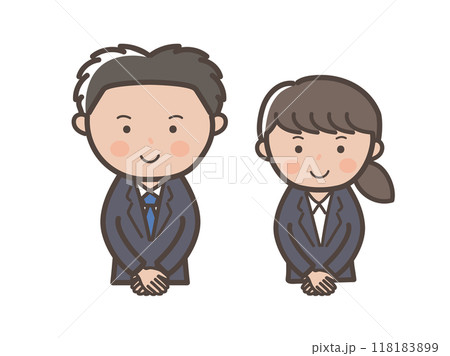 礼儀正しく畏まるリクルートスーツ風の若い男女ビジネスマンの上半身イラスト 118183899