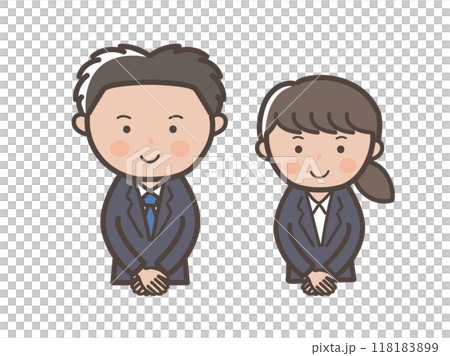 礼儀正しく畏まるリクルートスーツ風の若い男女ビジネスマンの上半身イラスト 118183899