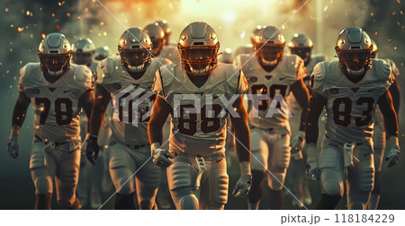 Football team in fog. Professional man quarterback playing in helmet and uniform. Teamwork in stadium. American rugby player in smoke 118184229
