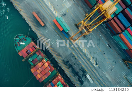 Seaport with cargo and logistic ship. Transportation container. Industrial transport. Top view. Dock and sea port. Ocean shipping boat. Tanker with crane 118184230