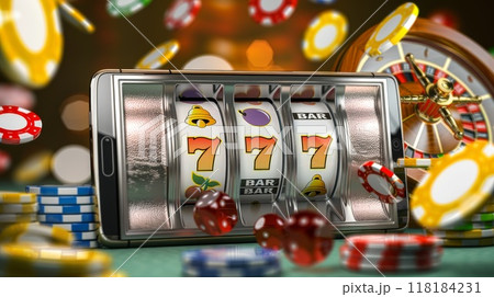 Spin slot betting. Online poker banner. Gambling business background. Gamble machine with cash. Jackpot, 777 fortune and risk. Play and winner with coin prize 118184231