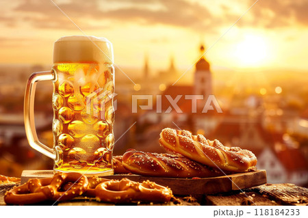 Glass of beer in germany landmark background. German bavarian lager at table. Medieval town cityscape and alcohol mug 118184233