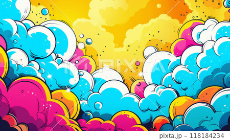 Comic cloud backdrop with orange sky and copyspace. Halftone cartoon burst sky. Colorful Abstract explosion element. Bright vintage pop art poster with bubble effect 118184234