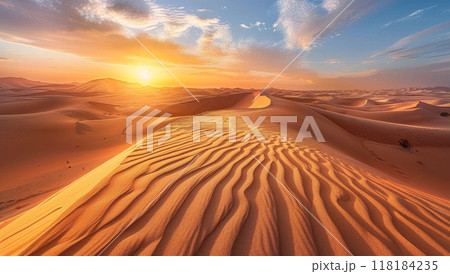 Desert dune. Dry sand and sunrise or sunset. Dry golden hill with wave. Hot landscape. Empty desert safari outdoor 118184235