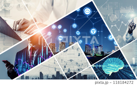 様々なテクノロジーイメージのコラージュ　バナー・広告向け横長ビジュアル 118184272