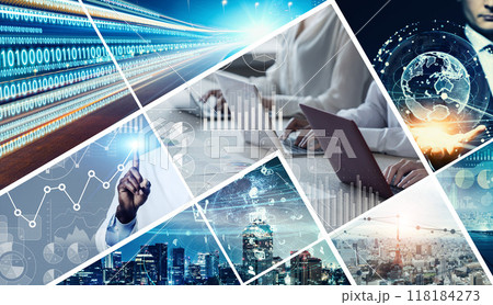 様々なビジネスシーンとテクノロジーイメージのコラージュ　バナー・広告向け横長ビジュアル 118184273