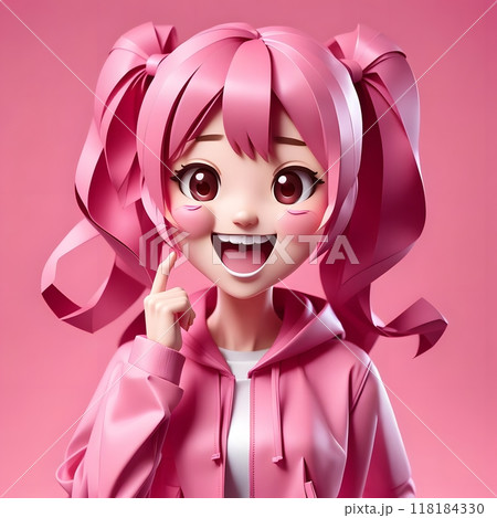Playful pink haired girl character wearing a casual hoodie. 118184330