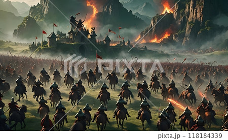 Epic medieval battle scene with mounted warriors charge 118184339