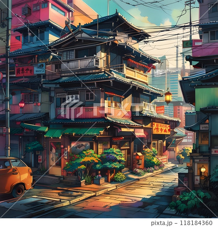 Cozy traditional-style street in Japanese urban setting. 118184360