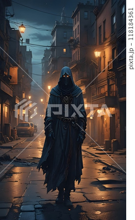 Mysterious hooded figure in dark, eerie urban alleyway. 118184361
