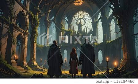 Ancient cathedral interior with three figures standing. Ancient cathedral interior with three figures standing. 118184466