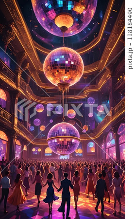Vibrant Disco Ball Party Scene With Dancing Crowds 118184490