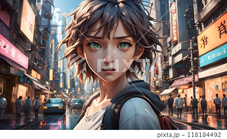 Young anime girl standing in busy city street daytime. 118184492