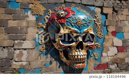 Vibrant Skull and Floral Street Art on Brick Wall Vibrant Skull and Floral Street Art on Brick Wall 118184496