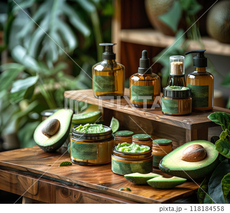Jar of avocado cream placed on table among halved avocados green leaves, glass bottles background 118184558