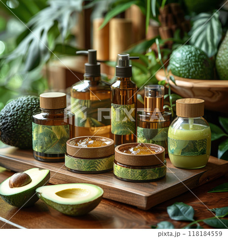 Various glass jars avocado oil cream arranged wooden table avocados leaves. Green foliage background 118184559