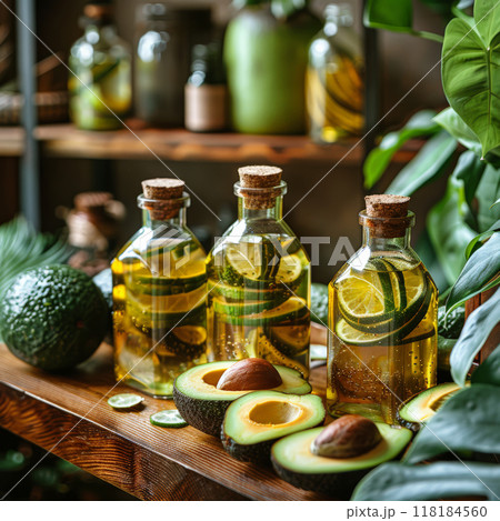 Bottle avocado oil surrounded avocados, rustic wooden background. Sun setting background 118184560