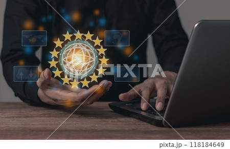 Young man with laptop hand holding globe virtual connect via wireless internet in a world 118184649