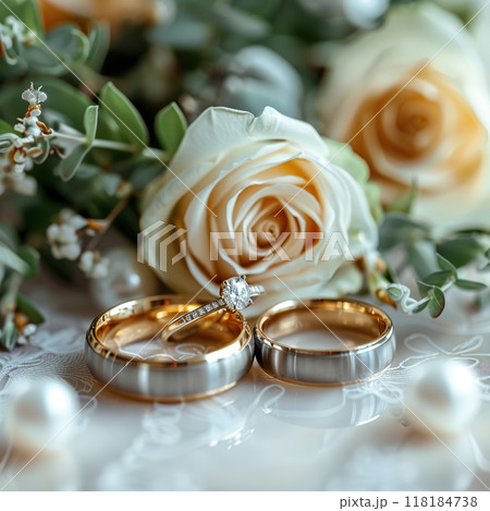 Beautiful gold background wedding rings white roses lying glossy pearl surface with pearls flowers 118184738