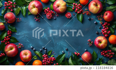 Rosh Hashanah concept. Frame made of symbols Jewish New Year holiday Traditional, copy space 118184816
