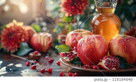 Still life with apples. Rosh Hashanah table bright display apples, honey, pomegranates and shofar 118184840